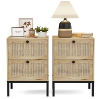 Ikifly Rattan Nightstand Set Of 2 End Side Table With 2 Handmade Natural Rattan Drawers Accent Bedside Table With Storage For Bedroom Living Room - Natural