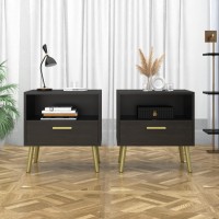 Hitow Nightstand Table Set Of 2 Bedside Table With Drawer & Open Shelf End Table With Gold Metal Legs For Bedroom Living Room Office Black (19.7 W X 15.6 D X 20 H)