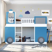 Mixed Colors Train Shape Loft Bed With Window And Wheels Styling, Twin Size Wooden Bed Frame With Ladder And Guardrails, For Kids Bedroom Furniture (Blue)
