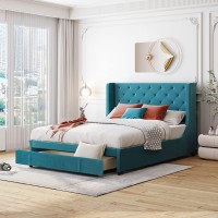 Qvuuou Queen Size Velvet Upholstered Platform Bed, Bedroom Furniture Wooden Bed Frame With Storage Drawer And Wingback Headboard, For Kids & Teens (Blue)
