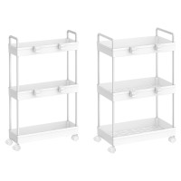 2 Pack 3 Tier Slim Storage Cart, Bathroom Organizer Laundry Room Organization Mobile Shelving Unit Slide Out Rolling Rack With Wheels For Kitchen Garage Office Small Apartment Narrow Space