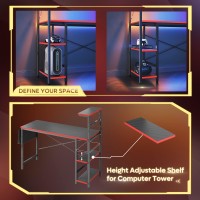 Bestier Gaming Desk With Led Lights, Computer Desk With 4 Tiers Reversible Shelves, 51.3 Inch Home Office Writing Desk With Side Storage Bag, Hooks And Height Adjustable Shelf (Black Carbon Fiber)