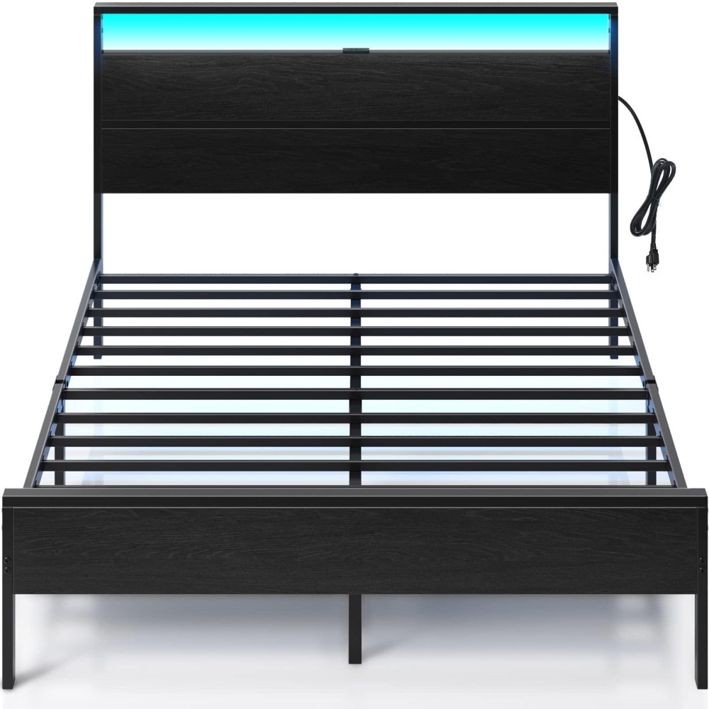 Rolanstar Bed Frame With Charging Station, Twin Bed With Led Lights Headboard, Metal Platform, Strong Metal Slats, 10.2? Under Bed Storage Clearance, No Box Spring Needed, Noise Free