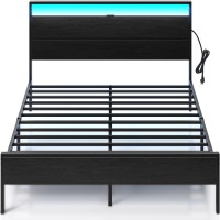 Rolanstar Bed Frame With Charging Station, Full Bed With Led Lights Headboard, Metal Platform, Strong Metal Slats Support, 10.2? Under Bed Storage Clearance, No Box Spring Needed, Noise Free