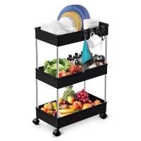Kpx Bathroom Rolling Storage Cart With Wheels Kitchen Utility Cart Casters Mobile Laundry Organizer Shelves For Room Organizers, Make Up, Home School, Dorm Room Office Essentials (3-Tier, Black)