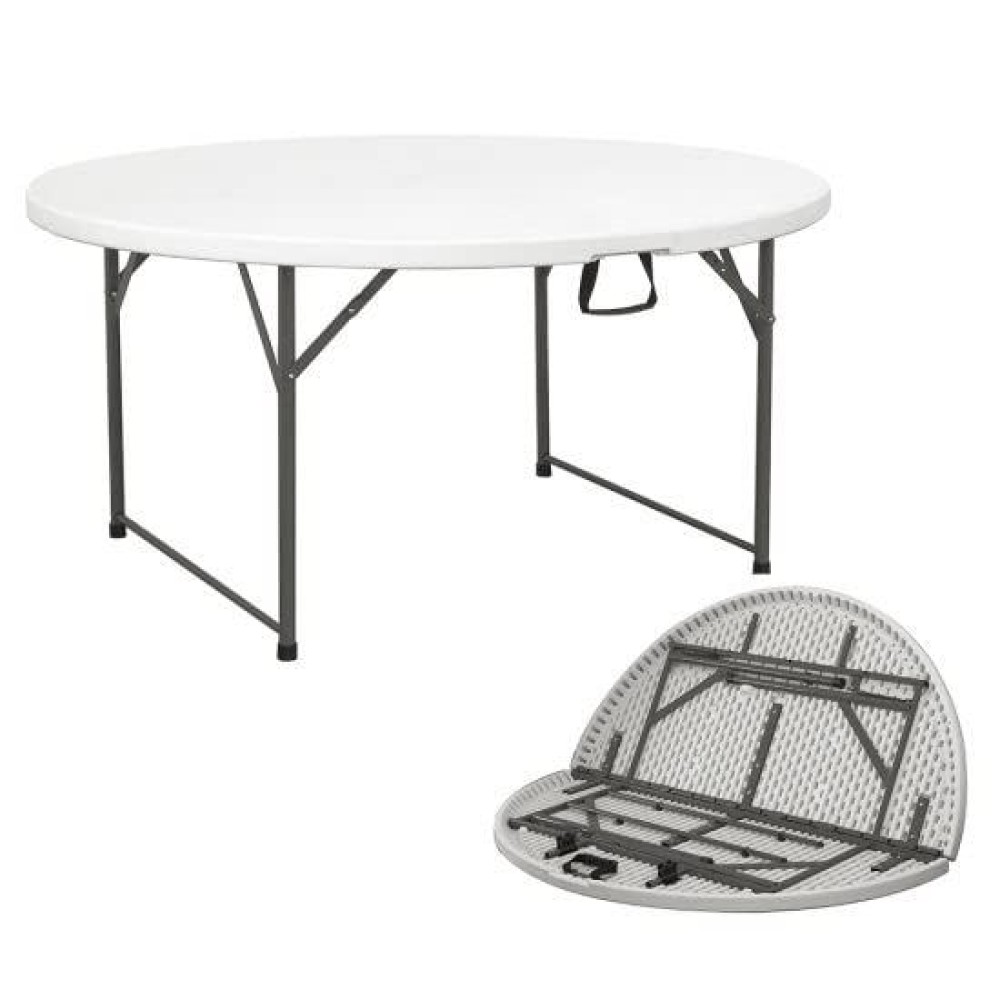 Ontario Furniture 5 Foot Round Plastic Folding Table (60 Inch) | Fold In Half With Carrying Handle | Lightweight And Portable | White Resin With Sturdy Steel Frame