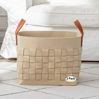 2 Pack Blanket Basket, Boldmonkey 15X13X11 Xxlarge Woven Felt Laundry Baskets With Handle Nursery Storage Living Room Rectangular For Toy, Clothes, Kids, Bedroom(Khaki)