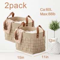 2 Pack Blanket Basket, Boldmonkey 15X13X11 Xxlarge Woven Felt Laundry Baskets With Handle Nursery Storage Living Room Rectangular For Toy, Clothes, Kids, Bedroom(Khaki)