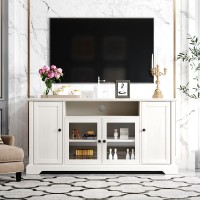 Tv Stand For Tv Up To 65In With 2 Tempered Glass Doors, Adjustable Panels, Open Style Cabinet, Living Room Entertainment Center, Tv Media Console, 3 Cable Management Holes, Easy Assembly, White