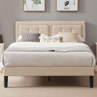 Vecelo Queen Size Upholstered Bed Frame With Height Adjustable Fabric Headboard, Heavy-Duty Platform Bedframemattress Foundationstrong Wood Slat Supportno Box Spring Needed, Beige