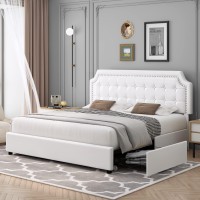 Keyluv King Size Bed Frame With 4 Drawers, Upholstered Platform Storage Bed With Curved Button Tufted Headboard With Nailhead Trim, Solid Wooden Slats Support, No Box Spring Needed, Off White
