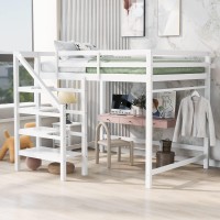 Nckmyb Full Loft Bed With Spacious Underbed Space, Wooden Loft Bed With Storage Staircase And Hanger, Space Saving Bed Frame For Kids Teens Adults (White)