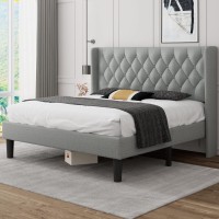 Ipormis King Size Wingback Platform Bed Frame With Diamond Button Tufted, Upholstered Bed Frame, Sturdy Wooden Slats, 8 Under-Bed Space, Easy Assembly, No Box Spring Needed, Light Grey