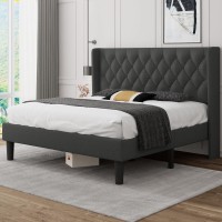 Ipormis King Size Wingback Platform Bed Frame With Diamond Button Tufted, Upholstered Bed Frame, Sturdy Wooden Slats, 8 Under-Bed Space, Easy Assembly, No Box Spring Needed, Dark Grey