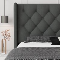 Ipormis King Size Wingback Platform Bed Frame With Diamond Button Tufted, Upholstered Bed Frame, Sturdy Wooden Slats, 8 Under-Bed Space, Easy Assembly, No Box Spring Needed, Dark Grey