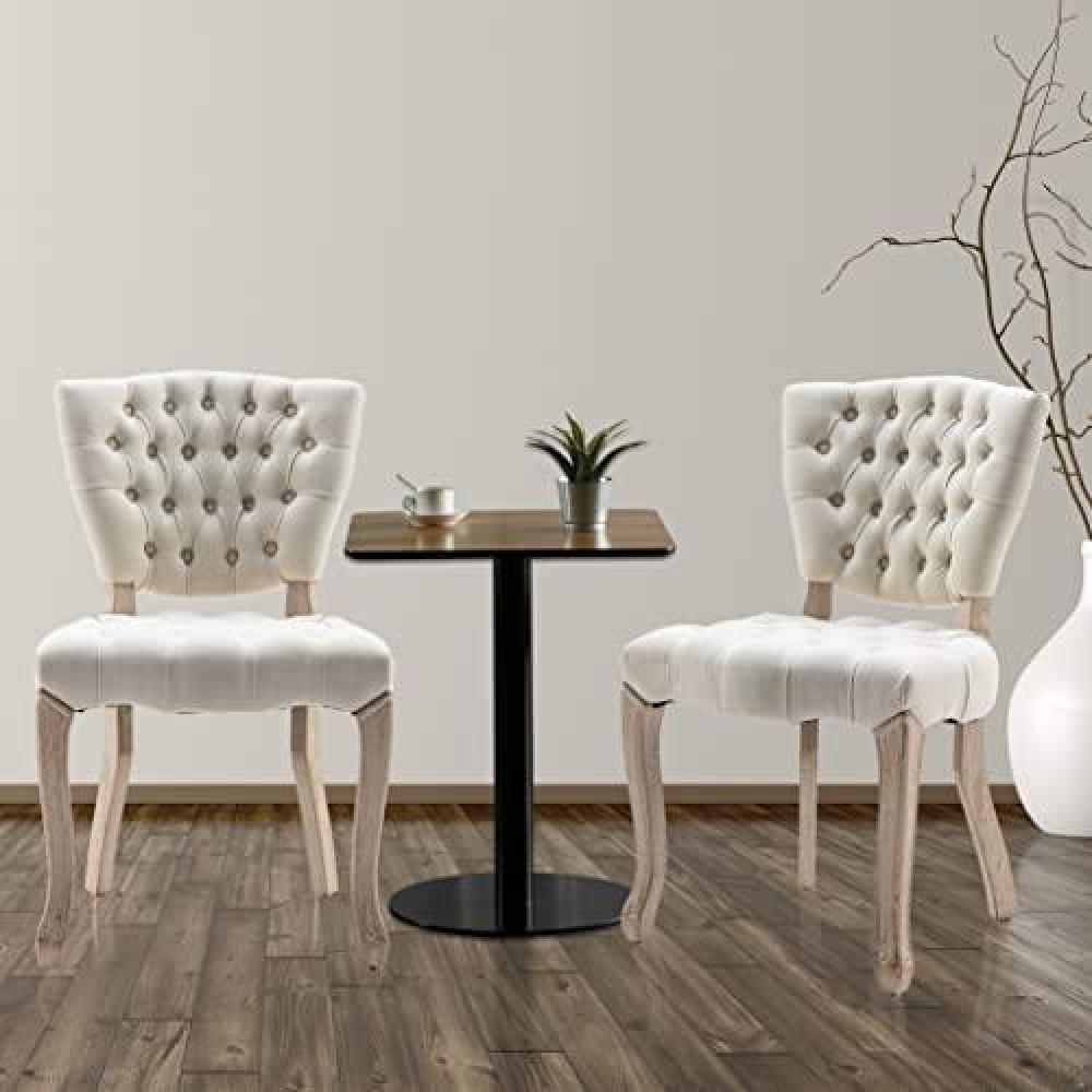 Yoluckea Mid-Century Tufted Dining Chairs Set Of 2 Upholstered French Dining Chairs With Square Back& Solid Wood Legs Traditional Linen Fabric Kitchen Side Chair For Dinner Table Meeting Table