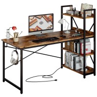 Ironck Computer Desk 55 With Power Outlet & Storage Shelves, Study Writing Table With Usb Ports Charging Station, Pc Desk Workstation For Home Office, Rustic Brown