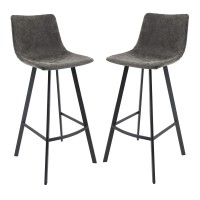 Leisuremod Elland Modern Upholstered Leather Bar Stool Kitchen Island Stools With Iron Legs & Footrest Set Of 2 (Grey)