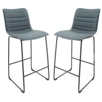Leisuremod Brooklyn 29.9 Modern Leather Bar Stool Kitchen Island Stools With Black Iron Base & Footrest Set Of 2 (Peacock Blue)