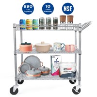 Wdt Commercial Grade Heavy Duty Utility Cart 990Lbs Capacity, 3 Tier Wire Rolling Cart With Wheels, Metal Service Carts With Handle Bar,Shelving Liners,Hooks For Kitchen, Restaurant
