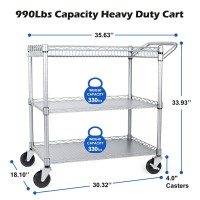 Wdt Commercial Grade Heavy Duty Utility Cart 990Lbs Capacity, 3 Tier Wire Rolling Cart With Wheels, Metal Service Carts With Handle Bar,Shelving Liners,Hooks For Kitchen, Restaurant