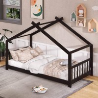 Merax Twin Size House Bed Wood Platform Bed With Wooden Slats, Headboard & Footboard For Kids Boys Girls Teens, No Box Spring Needed, Espresso