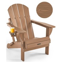 Ciokea Folding Adirondack Chair Wood Texture, Patio Adirondack Chair Weather Resistant, Plastic Fire Pit Chair With Cup Holder, Lawn Chair For Outdoor Porch Garden Backyard Deck (Teak)