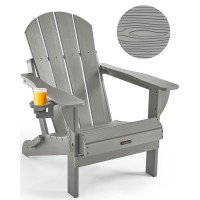 Ciokea Folding Adirondack Chair Wood Texture, Patio Adirondack Chair Weather Resistant, Plastic Fire Pit Chair With Cup Holder, Lawn Chair For Outdoor Porch Garden Backyard Deck (Grey)
