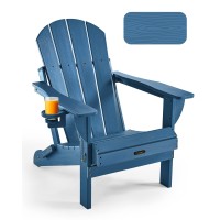 Ciokea Folding Adirondack Chair Wood Texture, Patio Adirondack Chair Weather Resistant, Plastic Fire Pit Chair With Cup Holder, Lawn Chair For Outdoor Porch Garden Backyard Deck (Navy Blue)