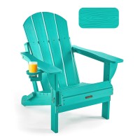 Ciokea Folding Adirondack Chair Wood Texture, Patio Adirondack Chair Weather Resistant, Plastic Fire Pit Chair With Cup Holder, Lawn Chair For Outdoor Porch Garden Backyard Deck (Lake Blue)