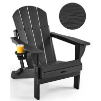 Ciokea Folding Adirondack Chair Wood Texture, Patio Adirondack Chair Weather Resistant, Plastic Fire Pit Chair With Cup Holder, Lawn Chair For Outdoor Porch Garden Backyard Deck (Black)
