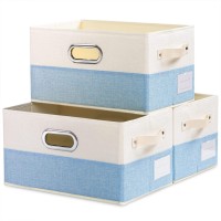 Prandom Large Fodable Storage Baskets For Closet [3-Pack] Decorative Fabric Storage Bins Cubes With Leather/Metal Handles For Shelves Bedroom Living Room Blue&Cream (14.9X9.8X8.3 Inch)