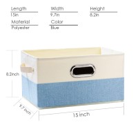 Prandom Large Fodable Storage Baskets For Closet [3-Pack] Decorative Fabric Storage Bins Cubes With Leather/Metal Handles For Shelves Bedroom Living Room Blue&Cream (14.9X9.8X8.3 Inch)