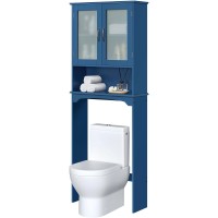 Yaheetech Over The Toilet Storage Cabinet, Free Standing Toilet Rack With Adjustable Shelves And Tempered Glass Doors For Bathroom Washroom, Navy Blue