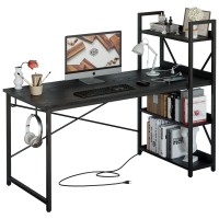 Ironck Computer Desk 55 With Power Outlet & Storage Shelves, Study Writing Table With Usb Ports Charging Station, Pc Desk Workstation For Home Office, Black