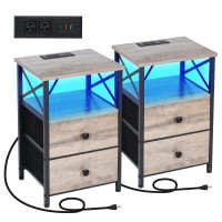 Amhancible Led Nightstands Set Of 2, End Tables Living Room With Fast Charging Station, Bedside Table With Usb C Charger Port And Power Outlet, Night Stand With 2 Drawers For Bedroom Het052Lgy