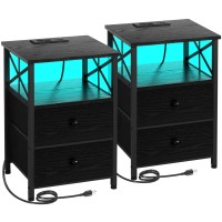Amhancible Led Night Stand Set 2, Night Stands For Bedrooms Set Of 2 With Charging Station, Side Table With Usb C Port And Outlet For Bedroom Living Room Het052Lbk