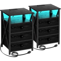 Amhancible Nightstands Set Of 2, Led Night Stands With Charging Station, End Side Tables With Usb Port & Outlet, Bedside Table With Fabric Drawers For Bedroom Living Room Het053Lbk