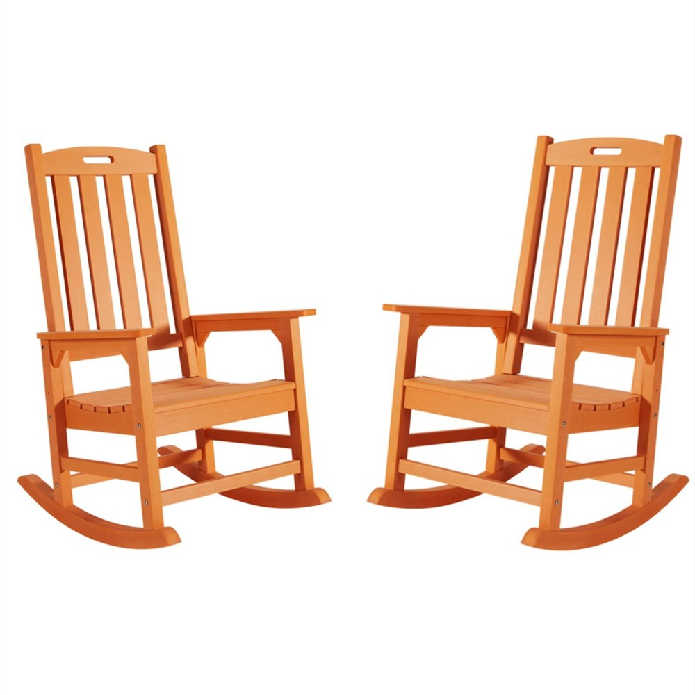 Psilvam Patio Rocking Chairs Set Of 2, Poly Lumber Porch Rocker With High Back, 350Lbs Support Rocking Chairs For Both Outdoor And Indoor, Poly Rocker Chair Looks Like Real Wood (2, Orange)