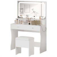 Ironck Vanity Desk Set With Led Lighted Mirror & Power Outlet, Makeup Vanity Table With 4 Drawers,Storage Stool,For Bedroom, Bathroom, White
