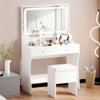 Ironck Vanity Desk Set With Led Lighted Mirror & Power Outlet, Makeup Vanity Table With 4 Drawers,Storage Stool,For Bedroom, Bathroom, White