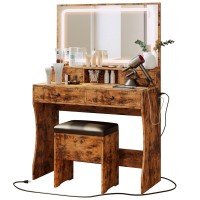 Ironck Vanity Desk Set With Led Lighted Mirror & Power Outlet, Makeup Vanity Table With 4 Drawers,Storage Bench,For Bedroom, Bathroom, Vintage Brown