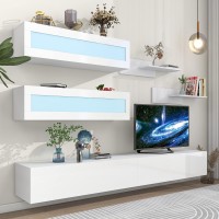 Merax Wall Mount Floating Tv Stand With Four Media Storage Cabinets And Two Shelves Modern High Gloss Entertainment Center For 95+ Inch Television 16-Color Rgb Led Lights For Living Room White