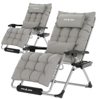 Udpatio Oversized Zero Gravity Chair Set Of 2, 29In Xxl Patio Reclining Chair With Cushion, Outdoor Folding Recliner With Pillows|Cup Holder|Foot Rest|Padded Headrest, Grey, Support 500Lb