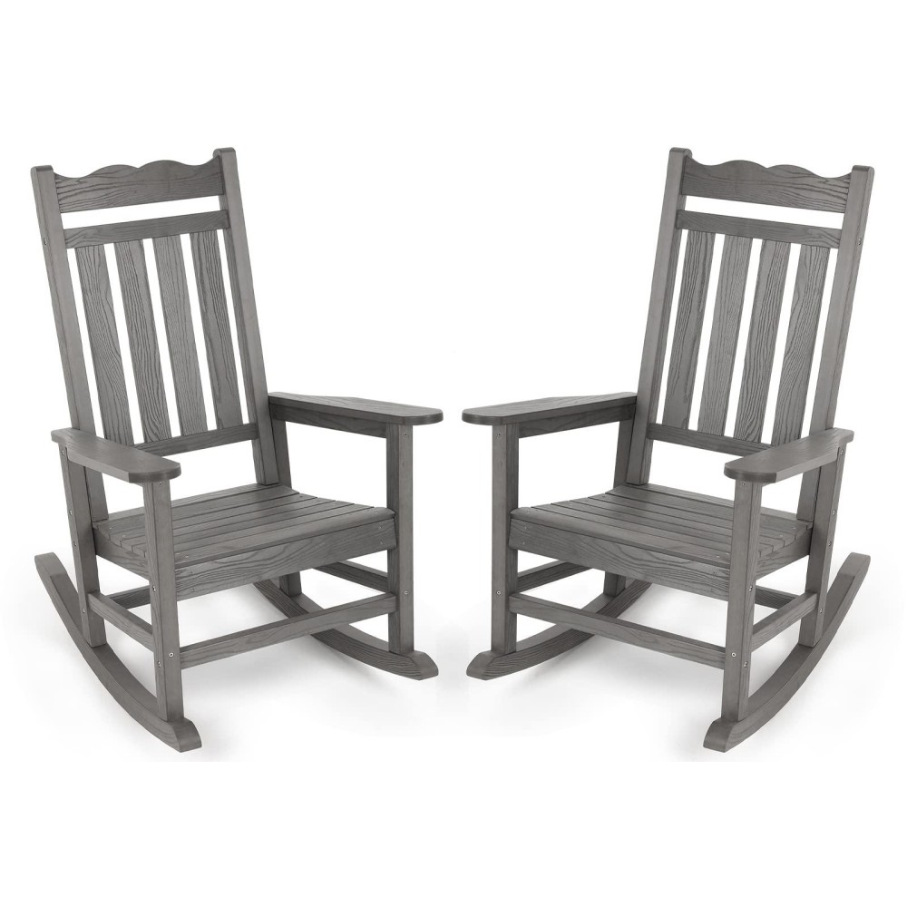 Stoog Outdoor & Indoor Rocking Chairs Set Of 2, All-Weather Porch Rocker With High Back, 400 Lbs Support Front Porch Rocker Chairs, Easy To Maintain, Grey