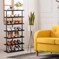 Sorcedas Shoe Rack Organizer 7 Tier Vertical Storage Stand Narrow Shelf For Small Spaces Entryway Corner Closet Door Bedroom Black (Black + Rustic Dark Brown, 7 Tier)