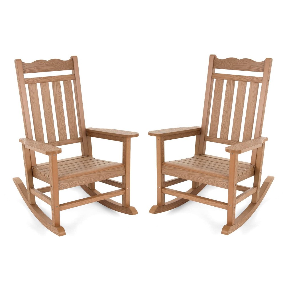 Stoog Patio Rocking Chairs Set Of 2, All-Weather Outdoor & Indoor Porch Rocker With 400 Lbs Weight Capacity, Front Porch Rocker Chairs Looks Like Real Wood, Teak