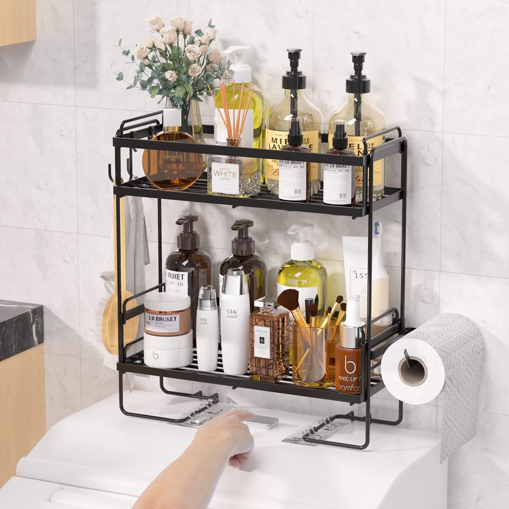 Nutsaakk Bathroom Over The Toilet Storage Shelf, 2-Tier Bathroom Organizer Over Toilet, Above Toilet Storage With Non-Trace Adhesive, Over Toilet Organizer, Toilet Paper Holder (Upgrade Black)