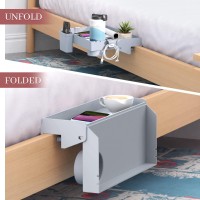 Solejazz Bedside Shelf For Bed, Foldable Bunk Bed Shelf Clip On Nightstand Tray College Dorm Room Essential Table Caddy With Cup & Cord Holder For Top Bunk Organizer Bedroom Nightstand, Grey