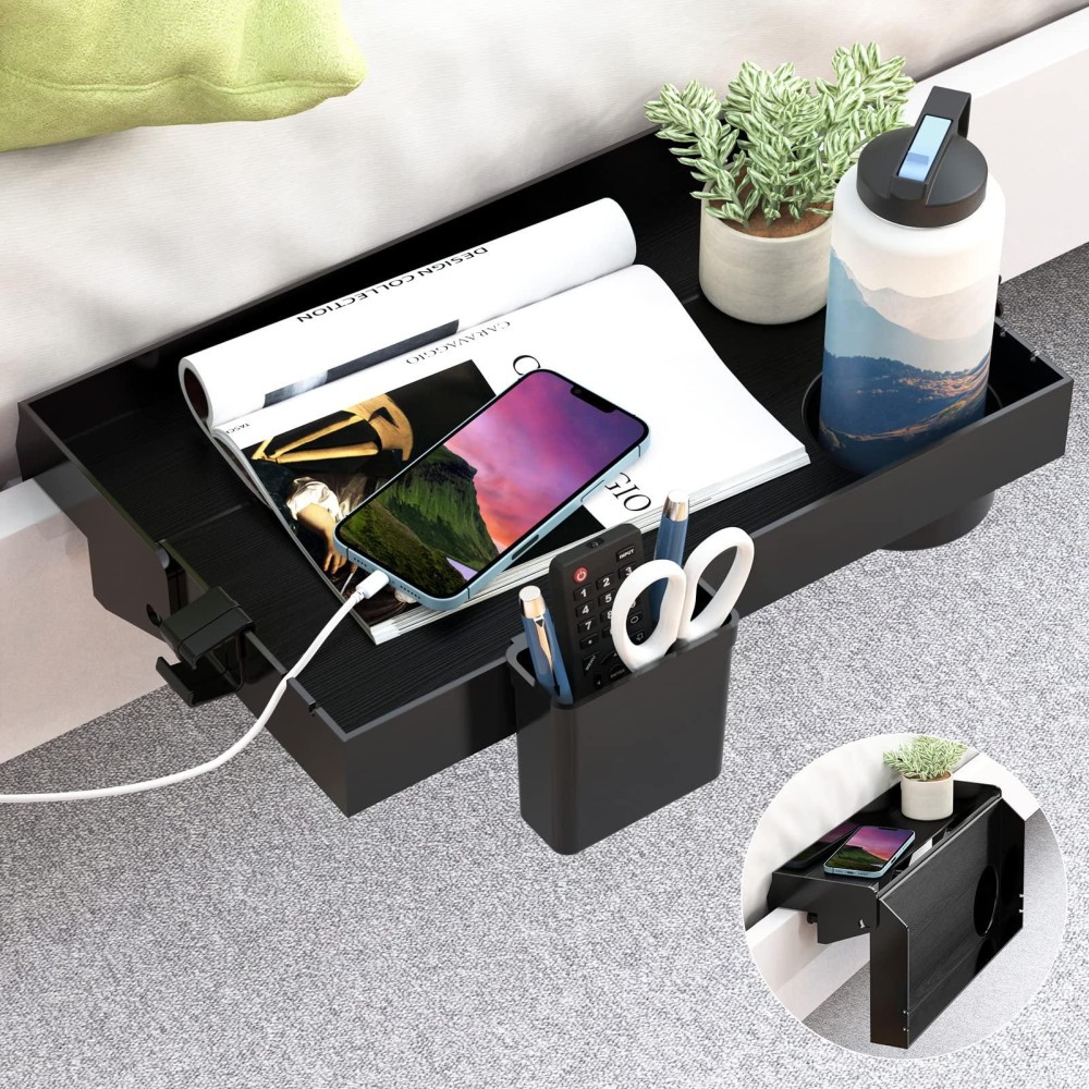 Solejazz Bedside Shelf, Foldable Bunk Bed Shelf Clip On Nightstand Tray College Dorm Room Essential Table Caddy With Cup & Cord Holder For Top Bunk Organizer Bedroom, Normal Size, Black